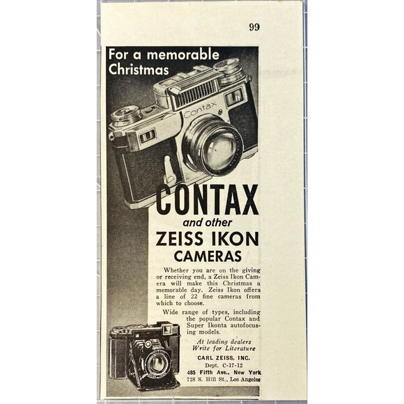 Carl Zeiss "Contax and Other Zeiss IKON Cameras for Xmas" Vintage Print Ad 1938 - Picture 1 of 3
